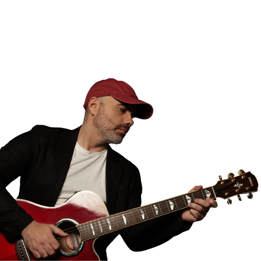 Retrato con guitarra roja